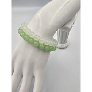 Set of 2 Green & White Beaded Stretch Bracelets Fashion Jewelry glass Beads